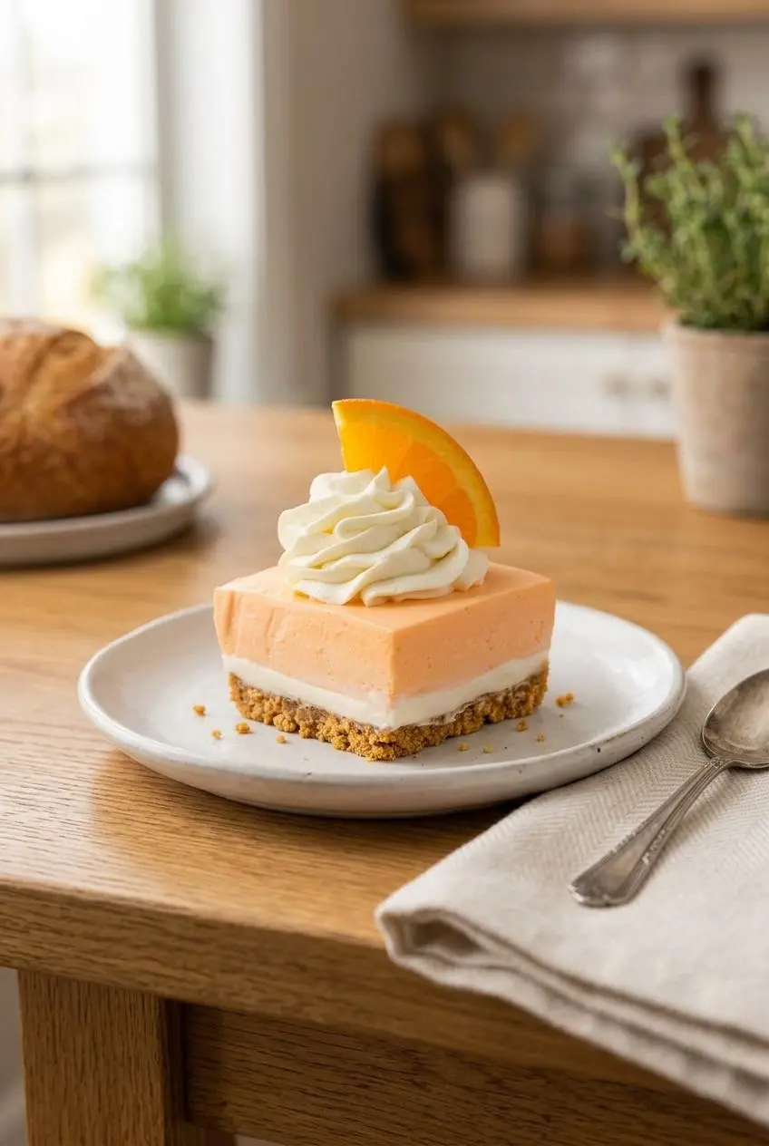A plated slice of orange creamsicle bar with a Golden Oreo crust variation on a rustic table setting.