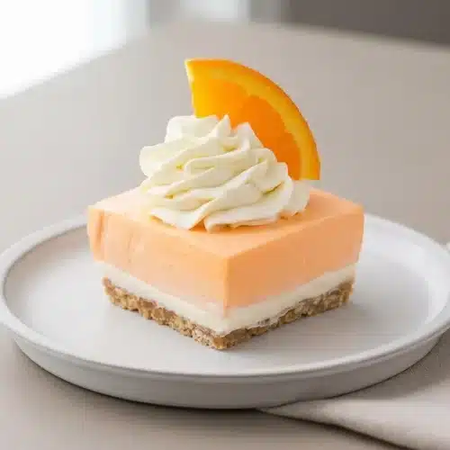 Sliced Orange Creamsicle Dessert bar showing a crisp cookie crust, white cheesecake layer, and bright orange cream.