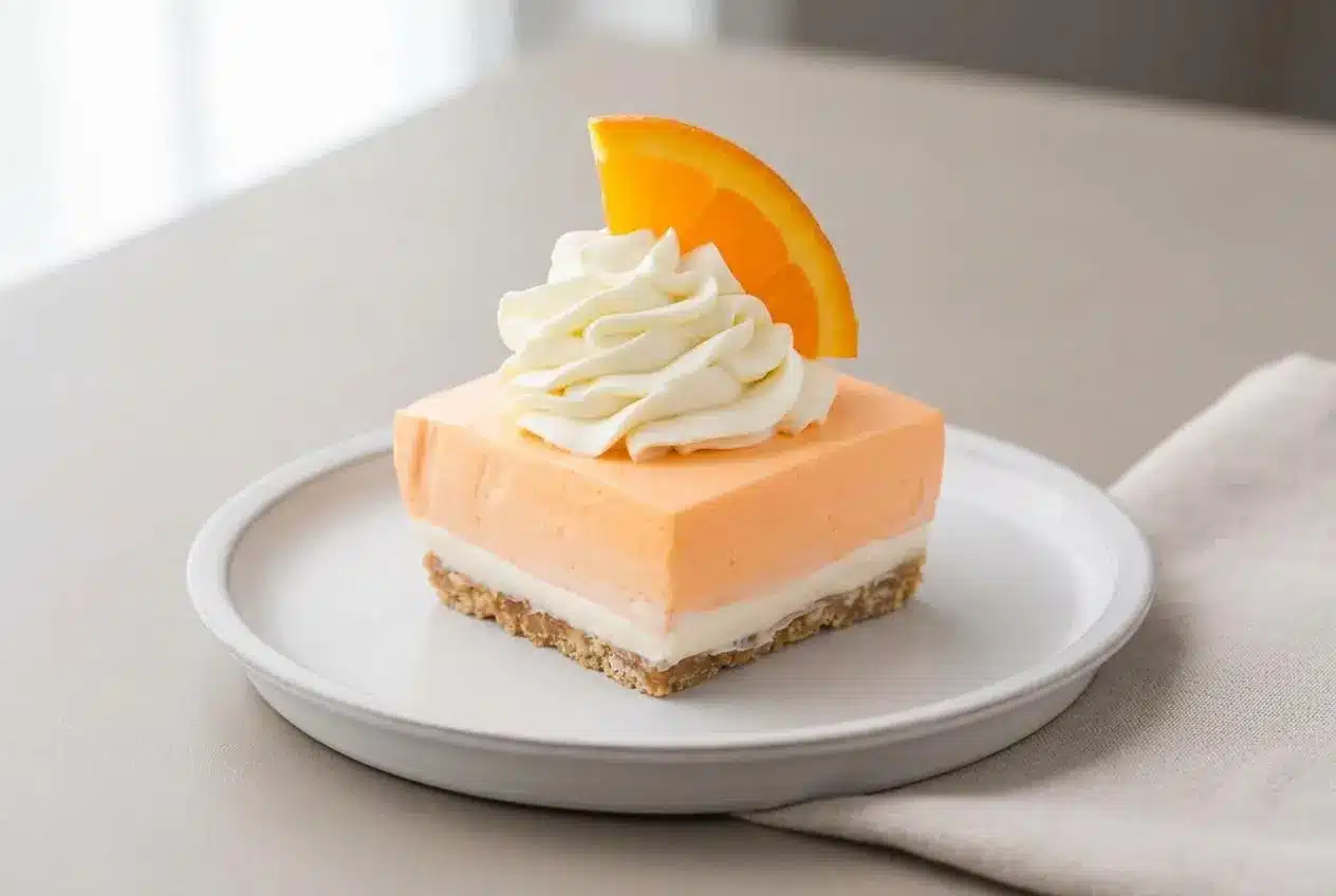 Sliced Orange Creamsicle Dessert bar showing a crisp cookie crust, white cheesecake layer, and bright orange cream.