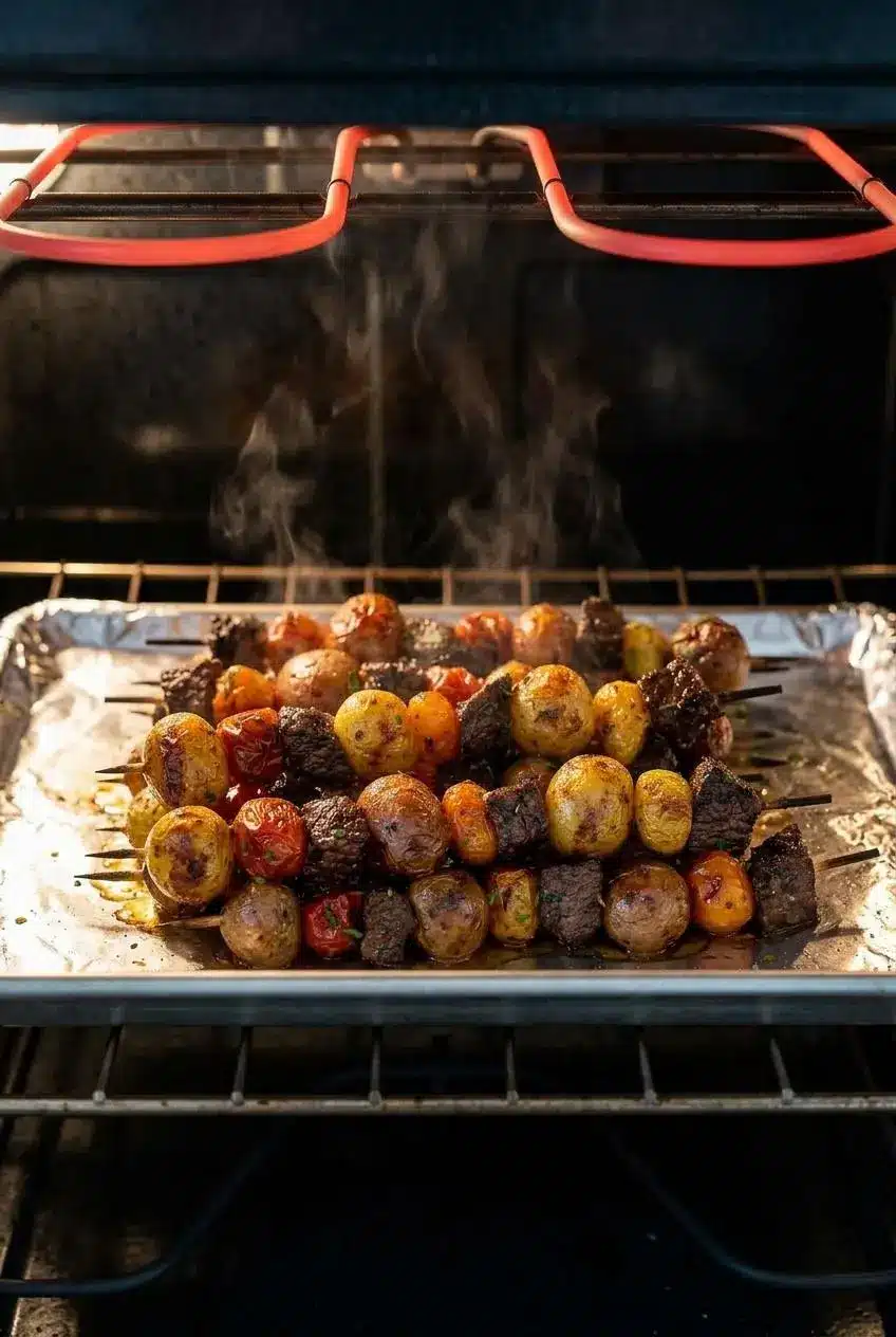 Four steak kebabs on a foil-lined baking sheet being cooked under a glowing red oven broiler.