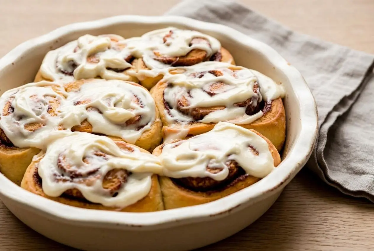 A rectangular baking dish filled with soft overnight cinnamon rolls, generously topped with melted cream cheese icing.