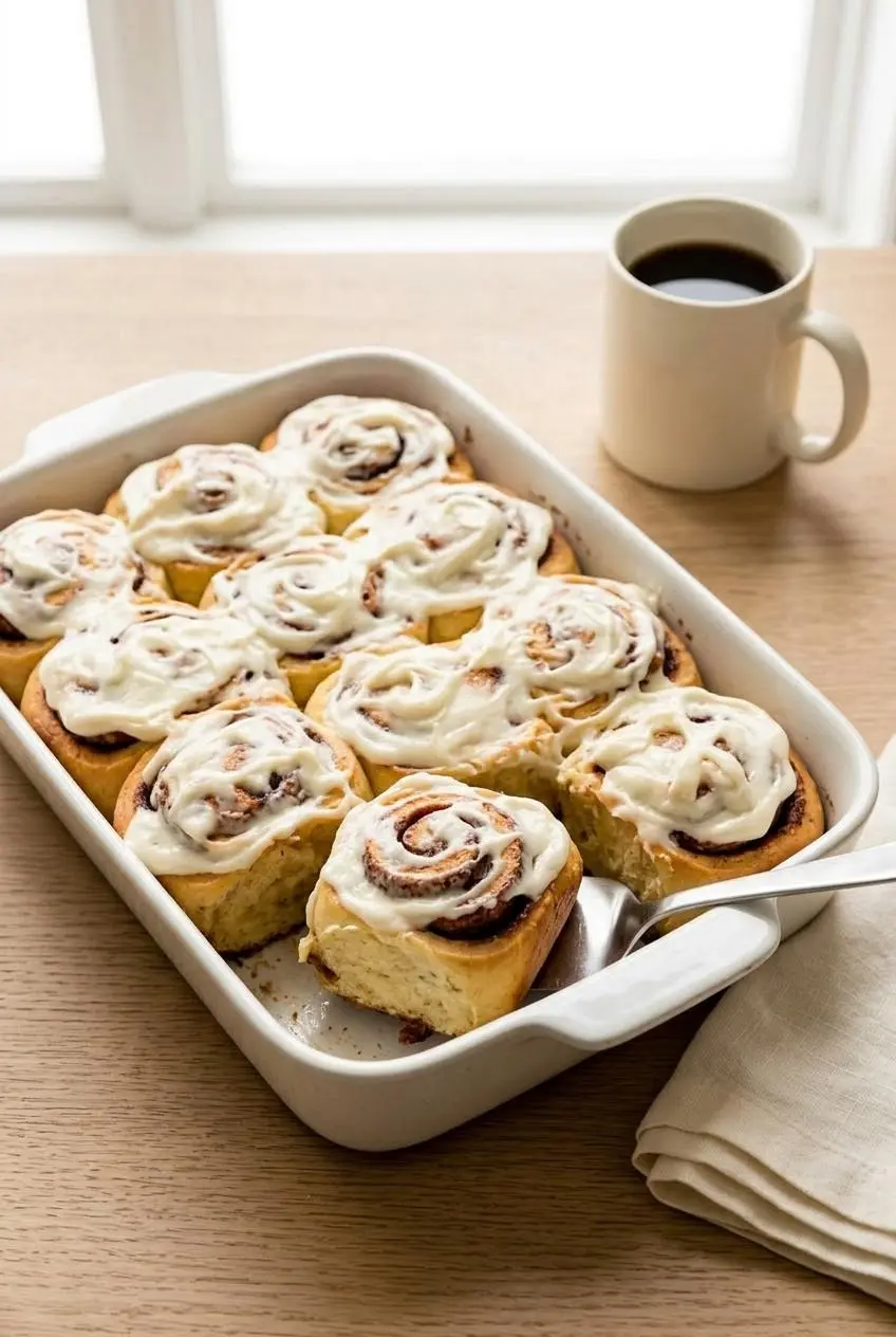 A full 9x13 pan of freshly baked overnight cinnamon rolls with icing on a wooden table, next to a mug of coffee.