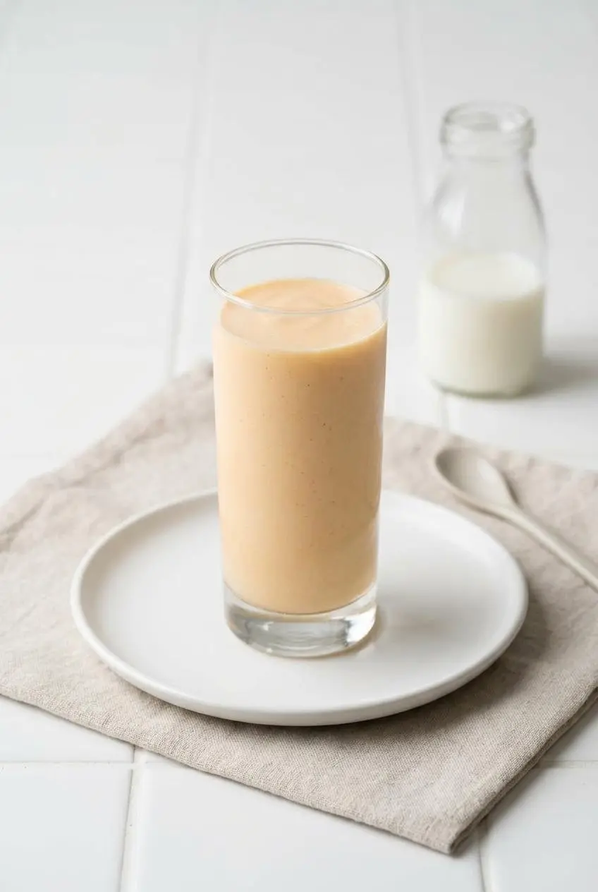 A glass of a creamy, pale peachy-orange papaya batido, which is a variation made with milk instead of juice.