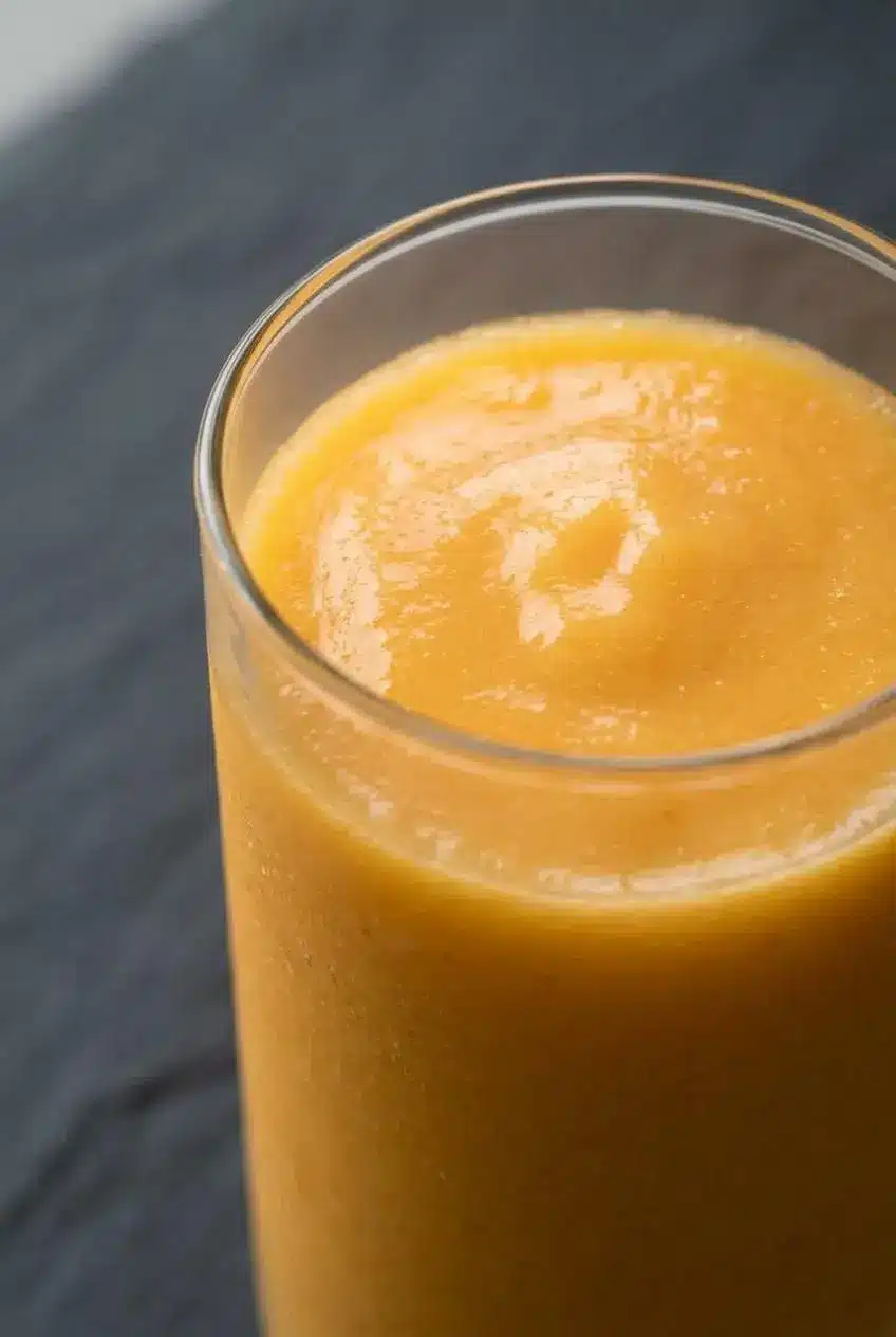 An extreme close-up of a papaya batido in a glass, highlighting its perfectly smooth and velvety texture without any chunks.