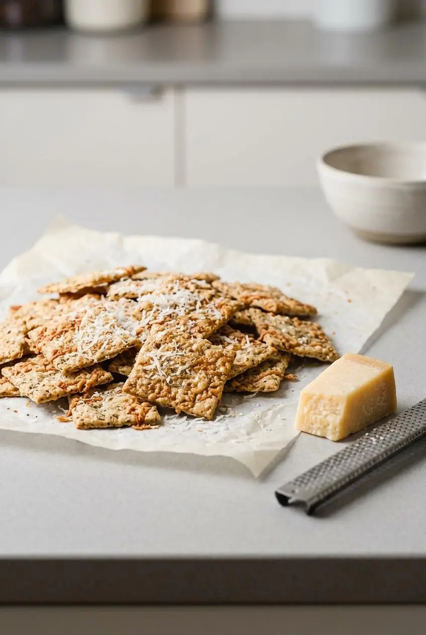A pile of sourdough crackers with baked Parmesan cheese on parchment paper, next to a wedge of Parmesan and a microplane grater.