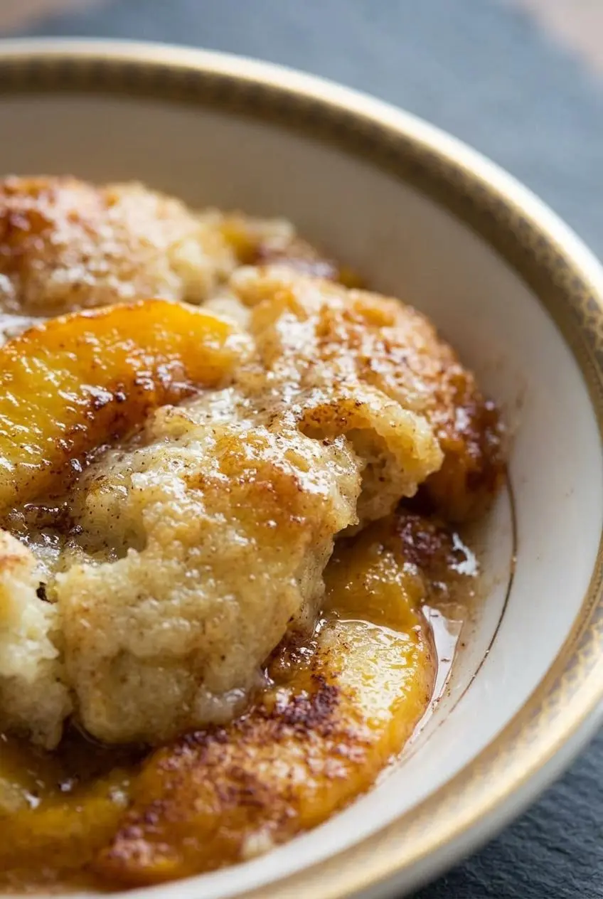 Macro shot of a peach cobbler edge showing the fluffy cake-like crumb, caramelized crust, and jammy fruit.