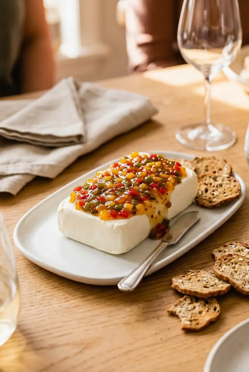 A block of cream cheese on a white platter topped with a generous serving of pepper jelly, with a small knife and crackers nearby.