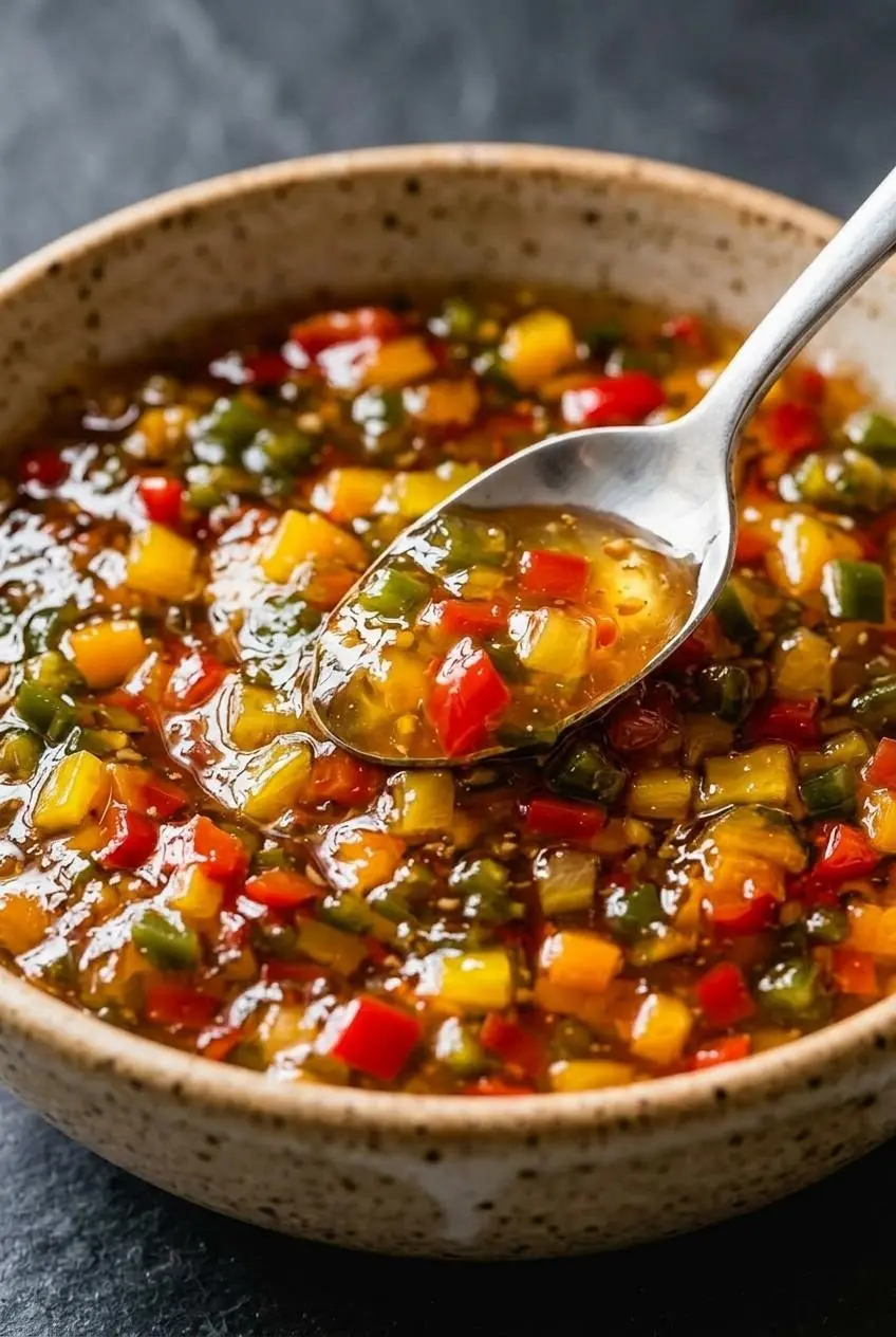 Extreme close-up of set pepper jelly in a jar, showing glossy texture and evenly suspended pieces of red, yellow, and green pepper.