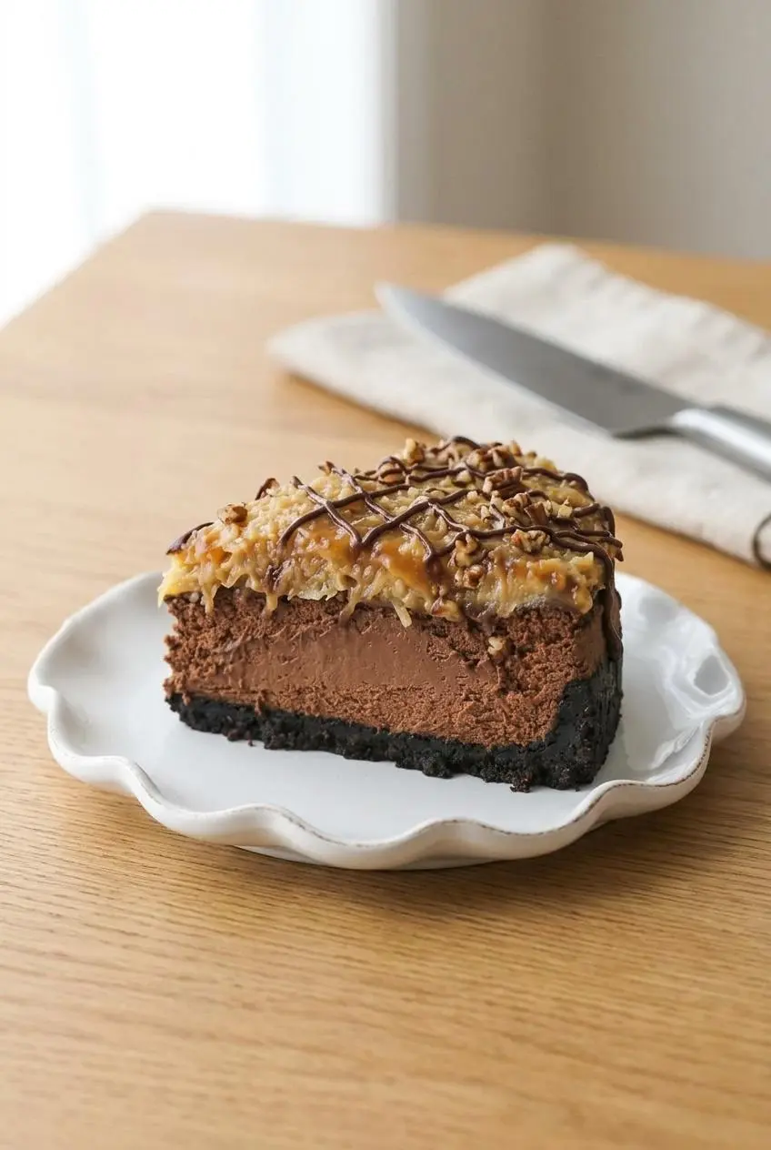 A cleanly sliced piece of chocolate cheesecake with sharp edges served on a matte gray plate on a wood table.