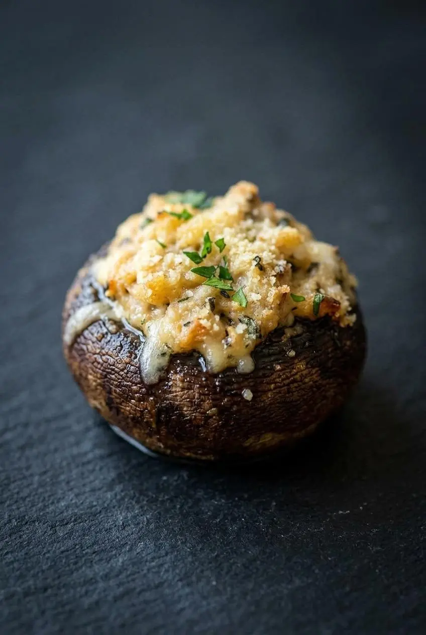 A close-up macro photo of a single, perfectly baked stuffed mushroom, highlighting the detailed texture of the golden-brown crust over the
