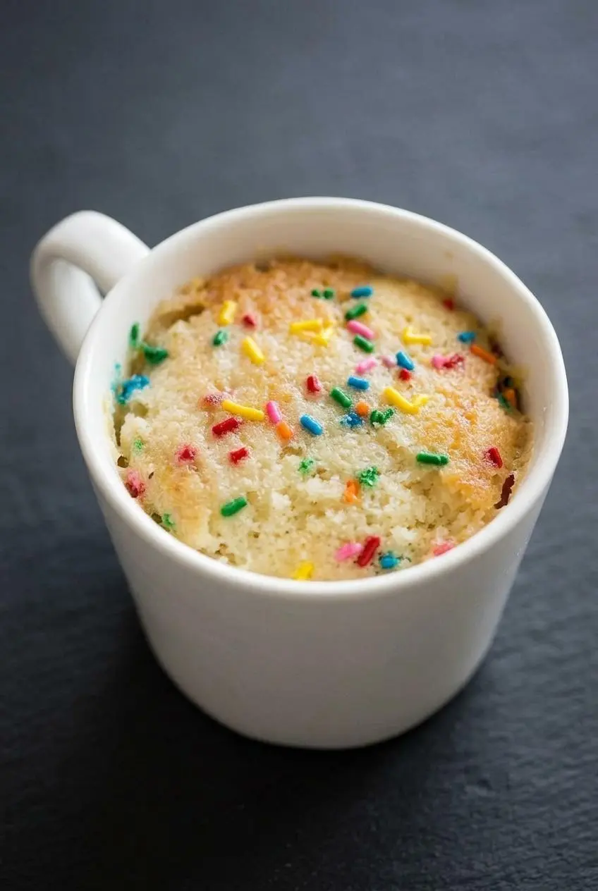 A close-up of a fluffy vanilla mug cake in a white mug, showing the soft texture and edges pulling away from the side as a sign of doneness.