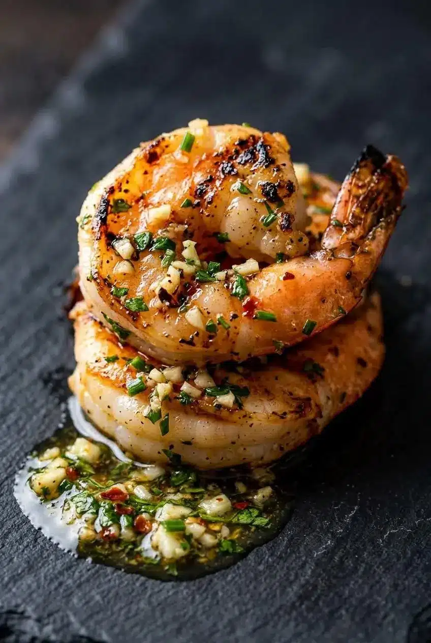 A macro close-up of perfectly cooked grilled shrimp curled into a C shape, showing a juicy, opaque texture and char marks.