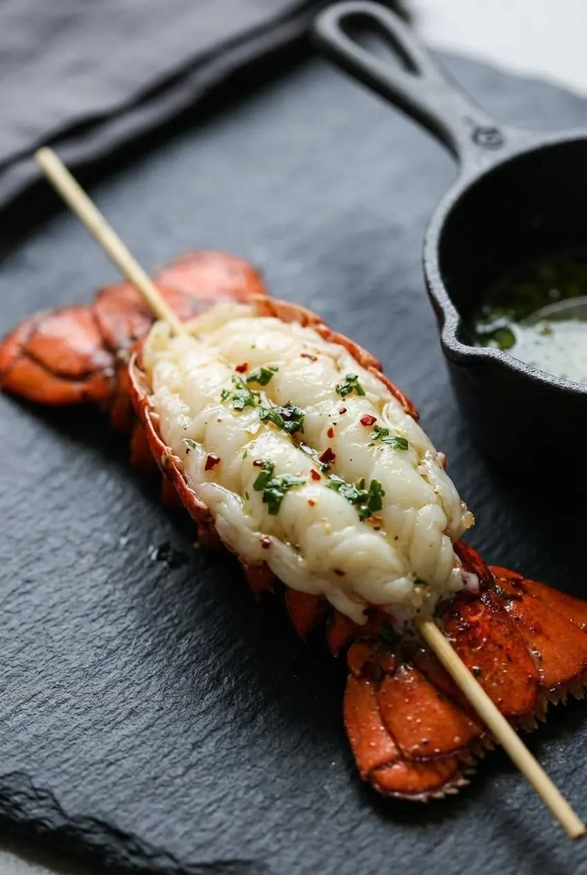 A close-up of a grilled lobster tail showing the perfectly cooked opaque white meat, which indicates it's juicy and not overcooked.