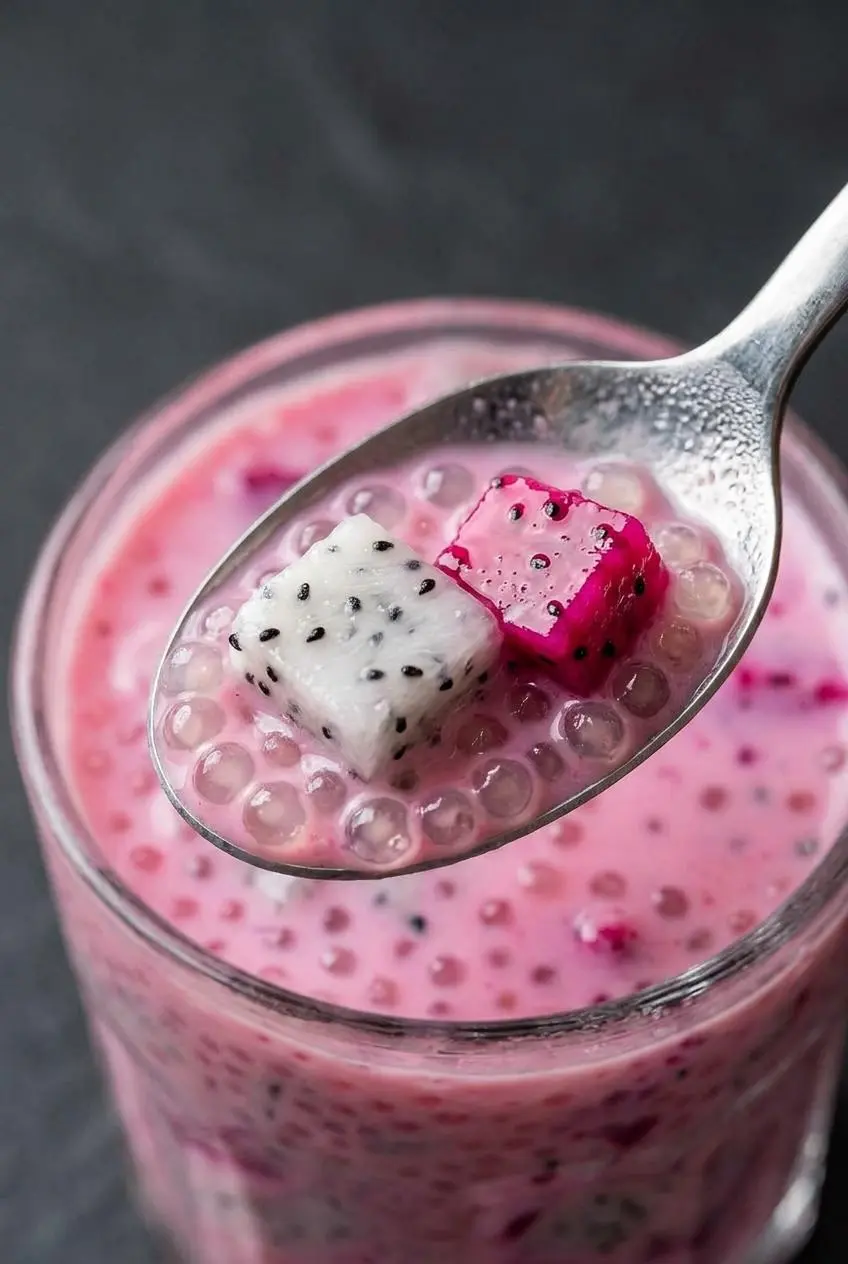 A close-up of a spoonful of dragonfruit sago, showing glassy, translucent sago pearls with no white centers in a creamy pink milk base.