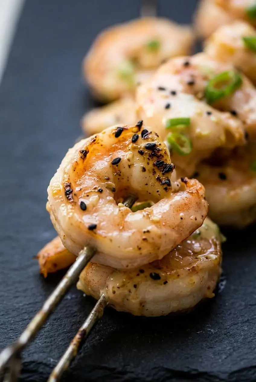 A macro close-up of one perfectly cooked shrimp on a skewer, showing its opaque C-shape, grill marks, and glistening bang bang sauce.