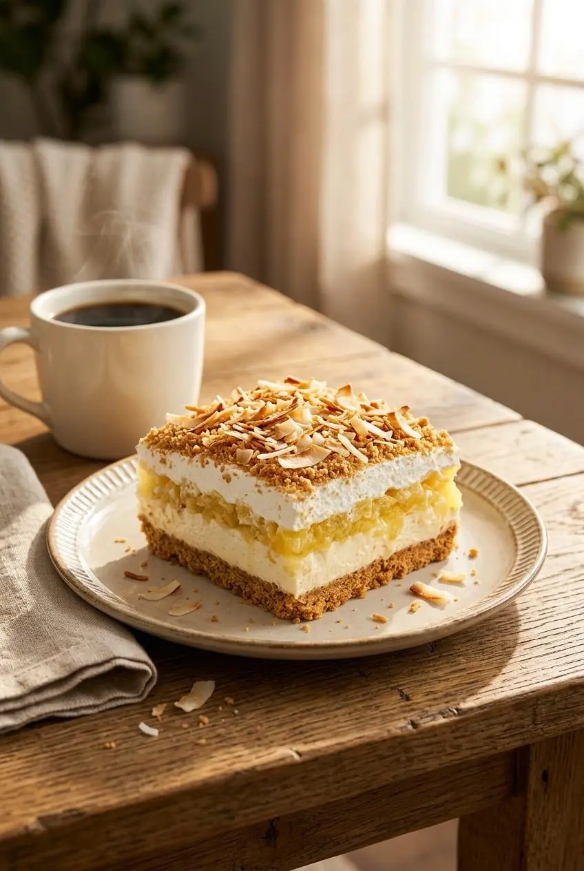 A square of pineapple dessert topped with toasted coconut flakes, served on a plate next to a cup of black coffee.