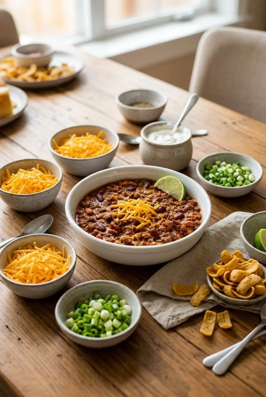A bowl of beef chili on a wooden table, surrounded by smaller bowls of toppings like shredded cheese, sour cream, green onions, and Fritos.