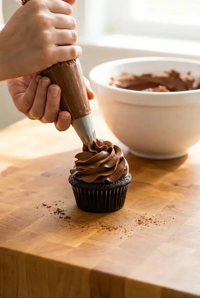 A piping bag with a star tip pipes a generous swirl of homemade chocolate frosting onto a plain chocolate cupcake on a butcher block