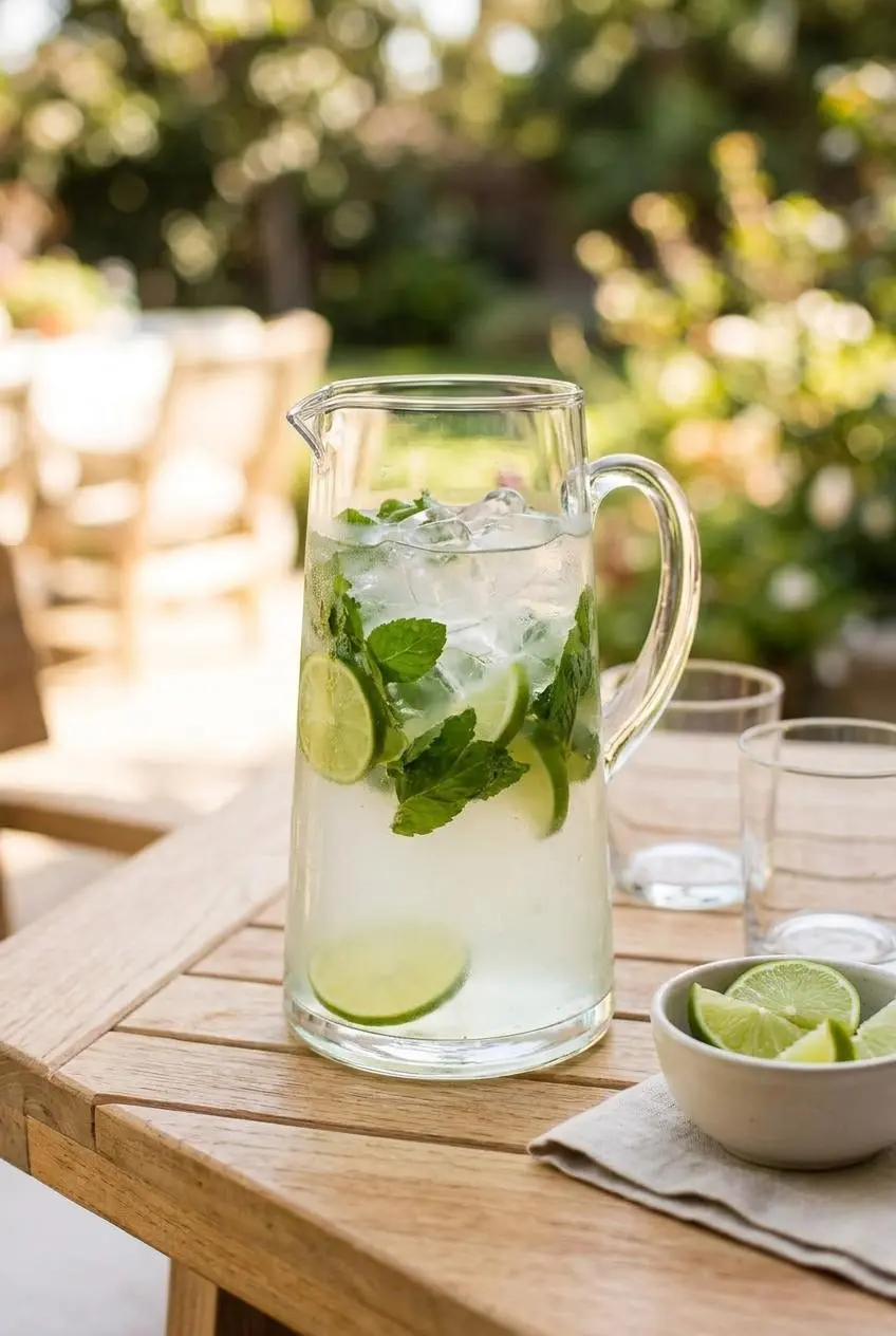 A large clear glass pitcher of coconut water mocktail with mint leaves and lime slices inside, set on a wooden table for a party.