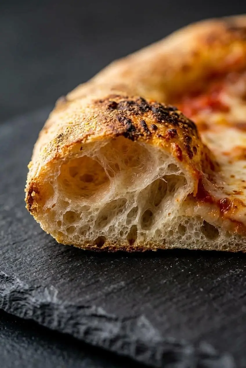 An extreme close-up of a slice of pizza crust, showing the airy, open crumb structure and the golden-brown, blistered edge.