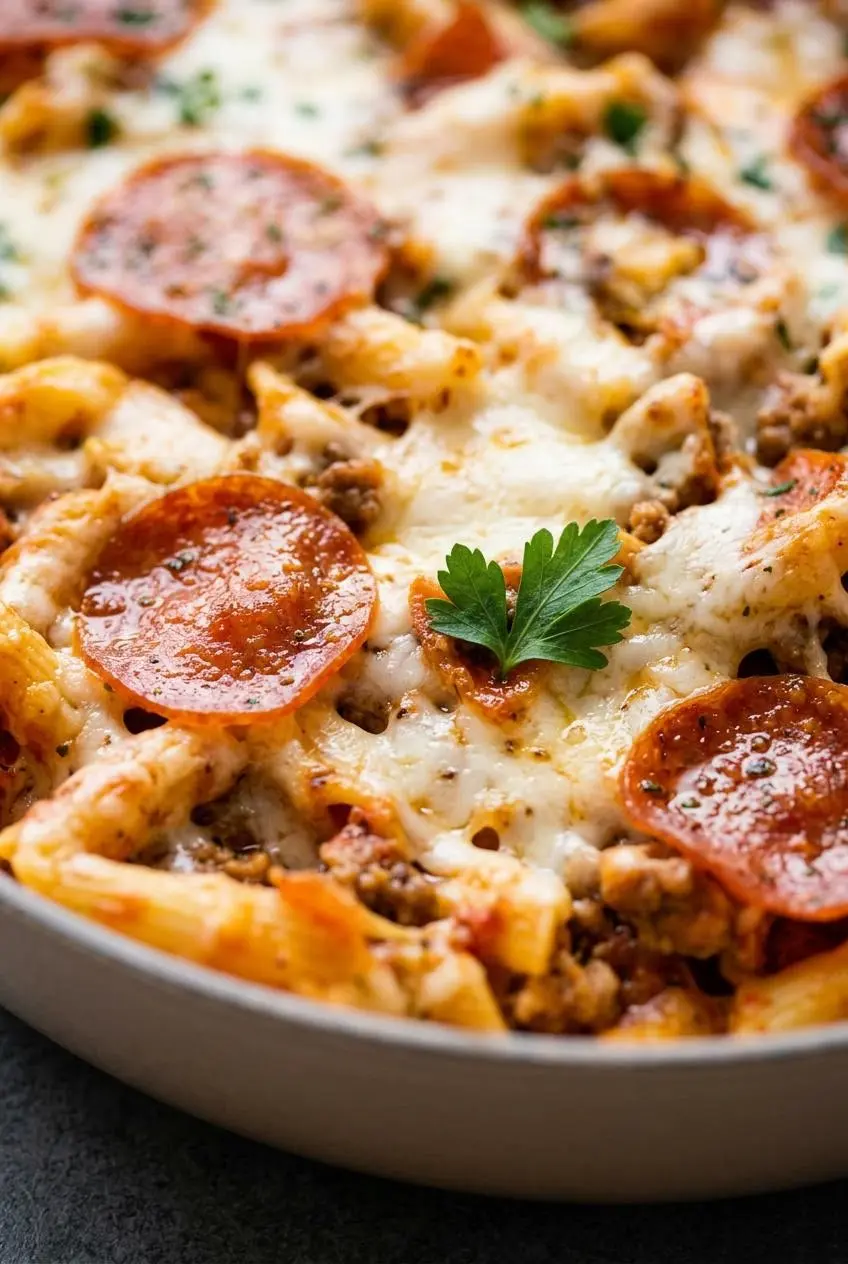An extreme close-up of the broiled topping on a pizza pasta bake, showing bubbly golden mozzarella, crispy pepperoni, and a fresh parsley