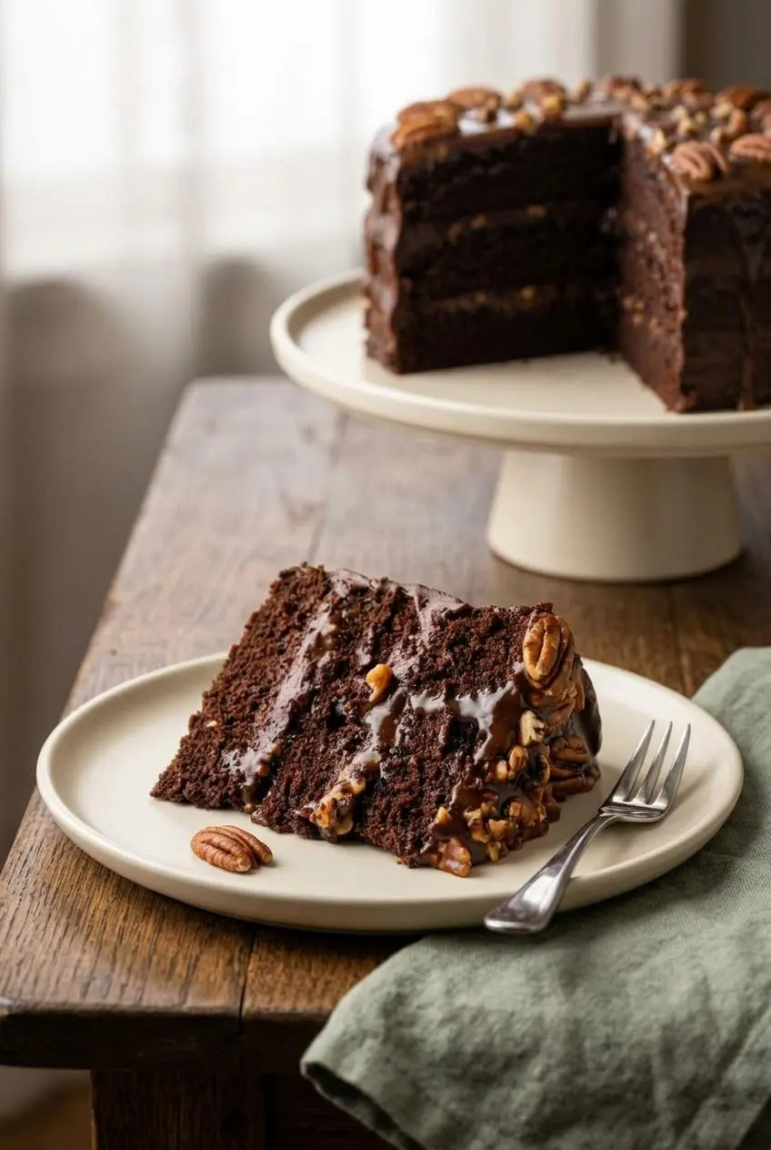 Elegant slice of turtle caramel cake served on a cream ceramic plate with a silver dessert fork.