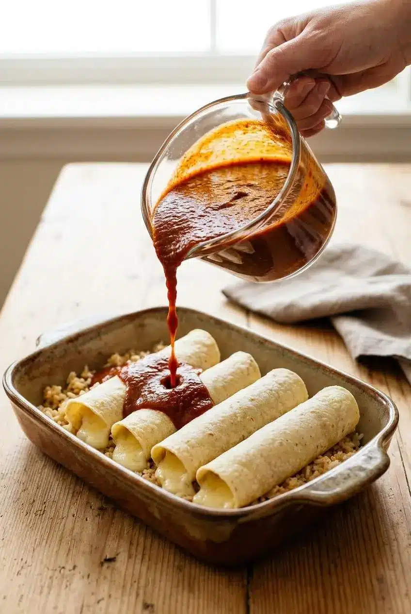 A hand pouring rich red enchilada sauce from a white pitcher over a baking dish filled with cheese enchiladas before baking.