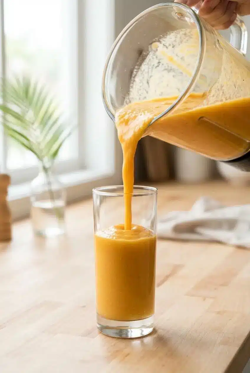 A thick, orange papaya shake being poured from a glass blender pitcher into a tall, clear glass in a bright kitchen.