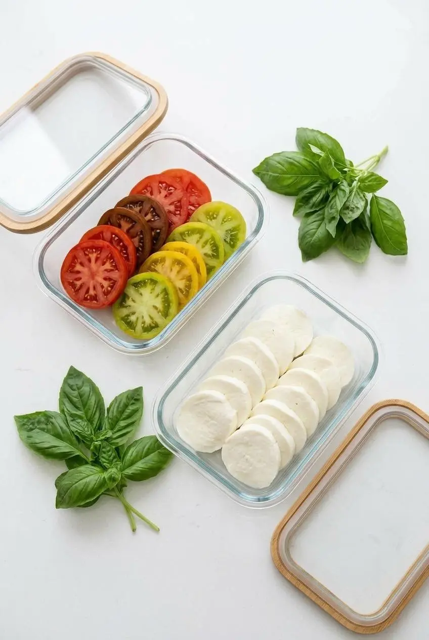 Two separate glass containers on a countertop, one with sliced tomatoes and the other with sliced mozzarella, showing how to prep Caprese