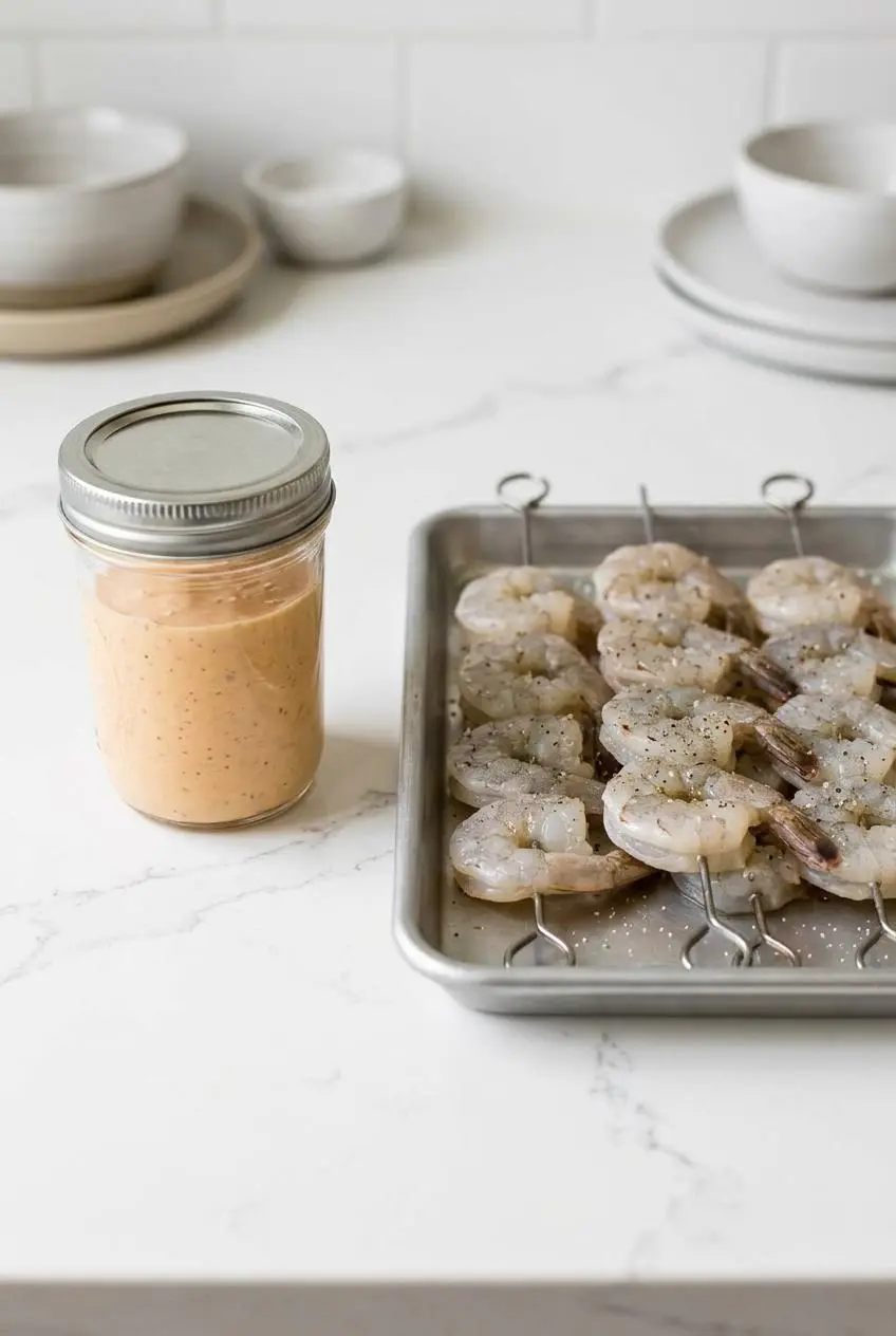 Make-ahead prep for shrimp skewers, showing a tray of raw skewered shrimp next to a sealed glass jar of bang bang sauce on a kitchen