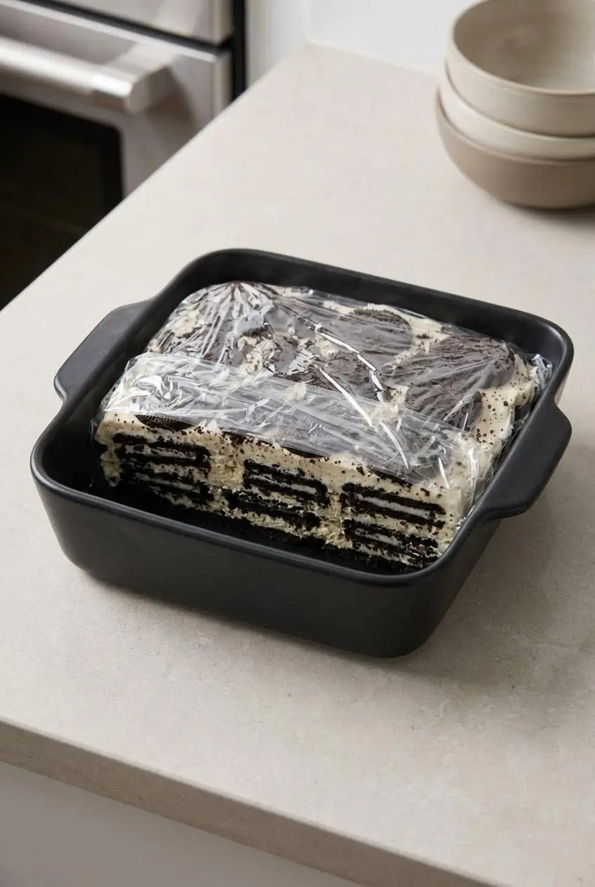 Assembled cookies and cream icebox cake in a square ceramic dish covered tightly with plastic wrap for chilling.