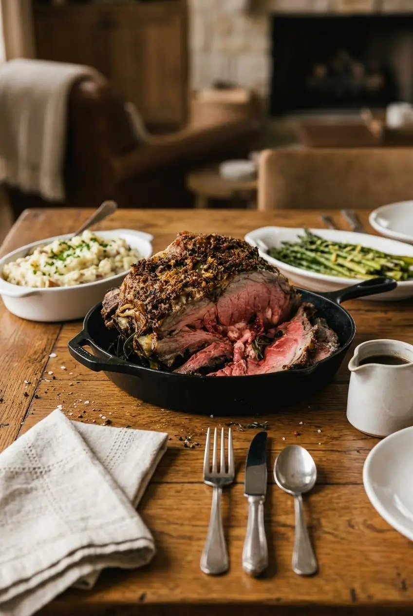 A holiday dinner table featuring a whole prime rib roast in a cast iron pan, served with mashed potatoes, roasted asparagus, and au jus.