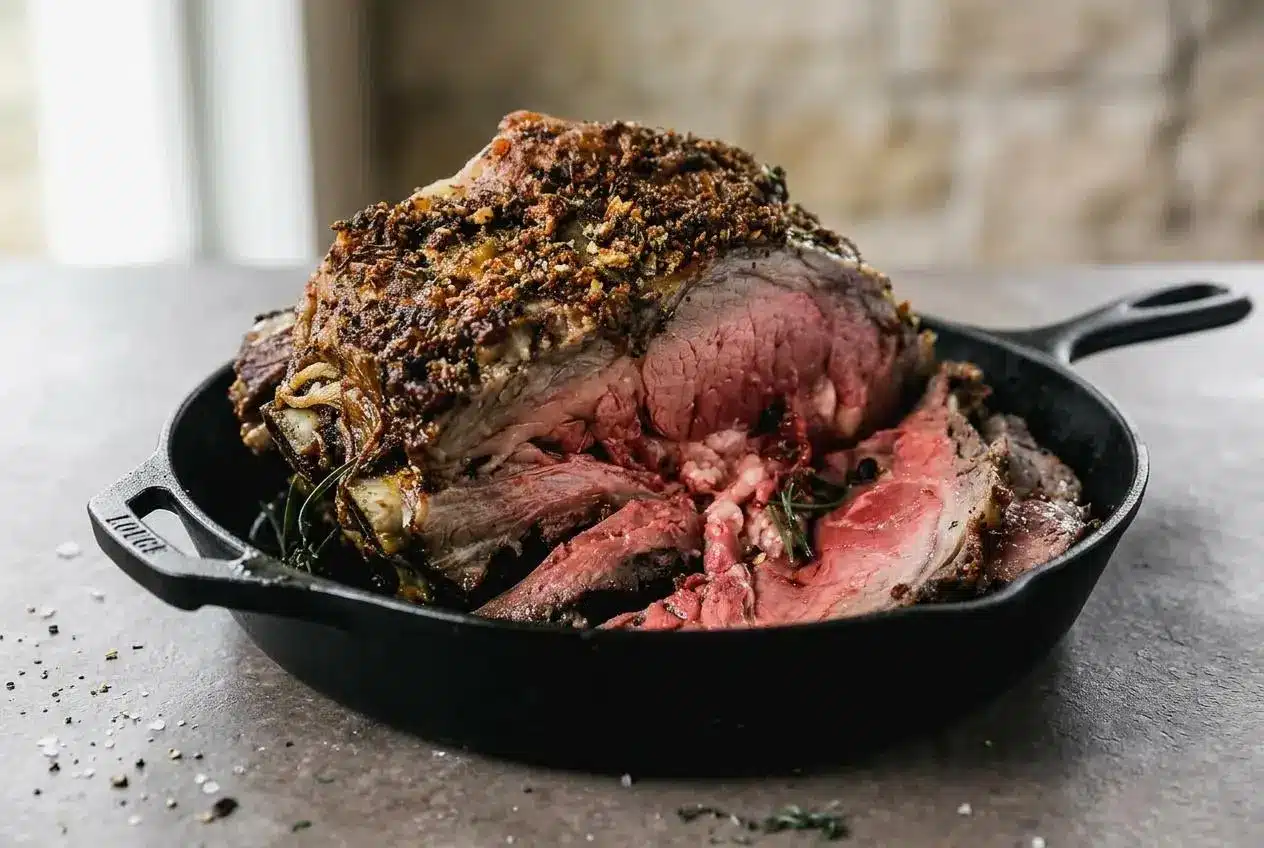 A perfectly cooked prime rib roast recipe with a dark herb and garlic crust, sliced to show a juicy, rosy pink interior.
