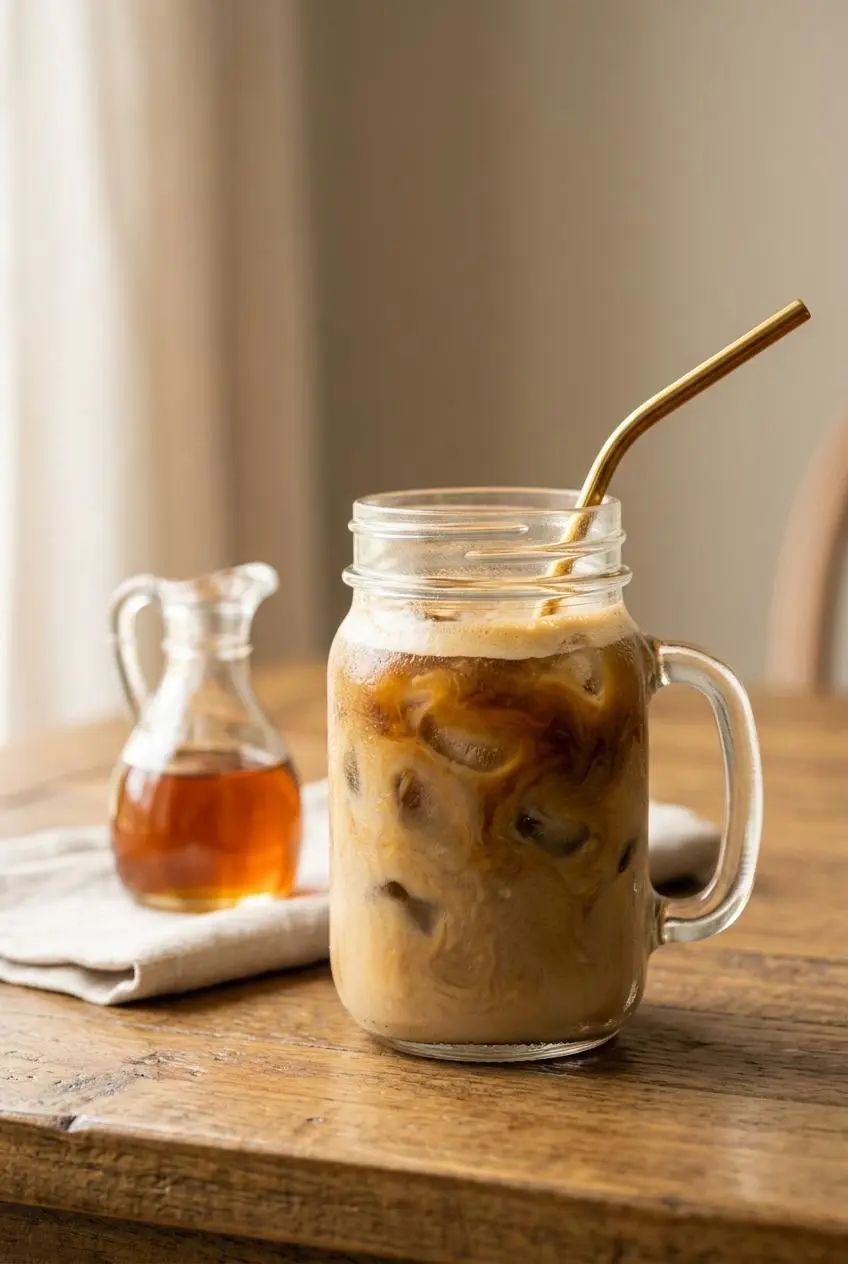 A protein iced coffee on a rustic wooden table with a small glass cruet of caramel syrup in the soft-focus background.