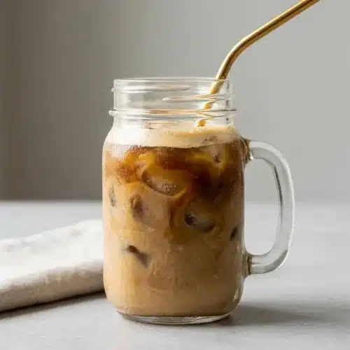 A tall fluted glass filled with creamy protein iced coffee and ice cubes, set on a dark surface.