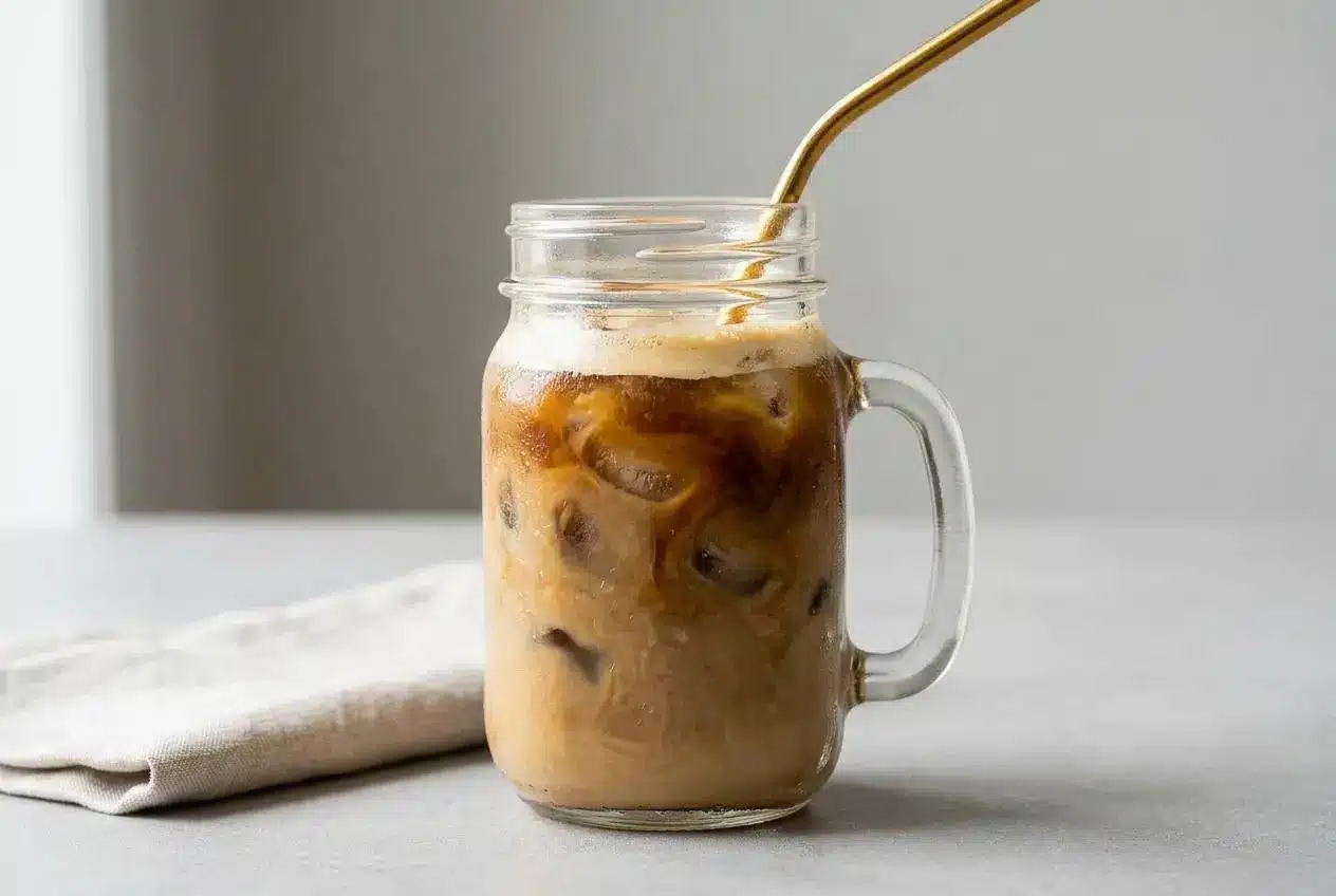 A tall fluted glass filled with creamy protein iced coffee and ice cubes, set on a dark surface.