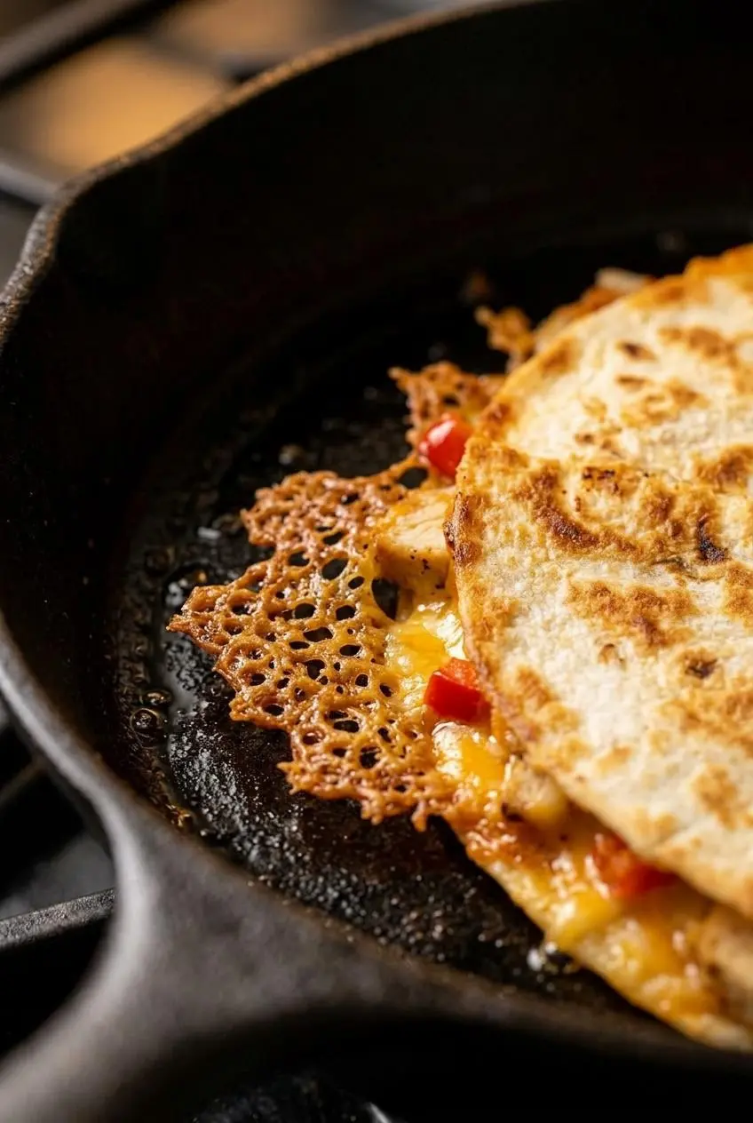 A macro close-up of melted cheese crisping into a lacy 'cheese skirt' on the edge of a quesadilla in a cast-iron skillet.