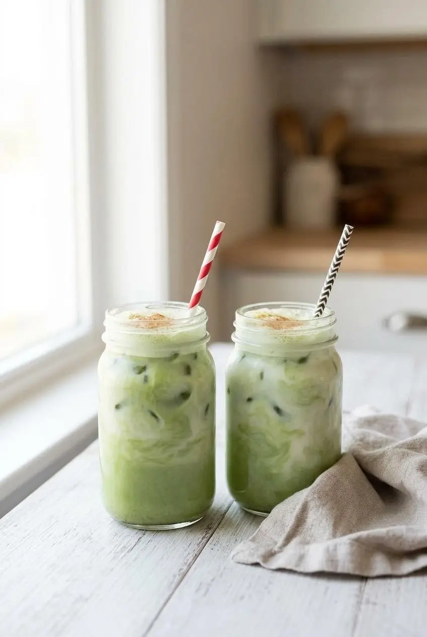 Two glasses of finished matcha horchata, swirled and garnished with cinnamon, served over ice on a white wood table.