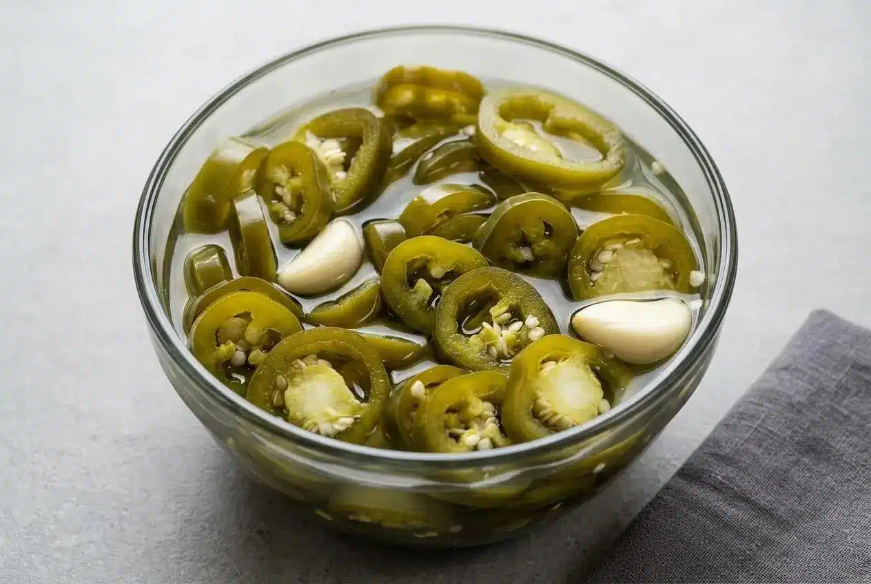A clear glass jar filled with the finished Pickled Jalapeños recipe, showing sliced green peppers and garlic cloves in a light brine.