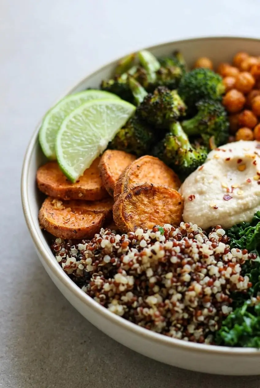 Extreme close-up on a vegan quinoa bowl, showing the crispy browned edge of a roasted broccoli floret and fluffy quinoa grains.
