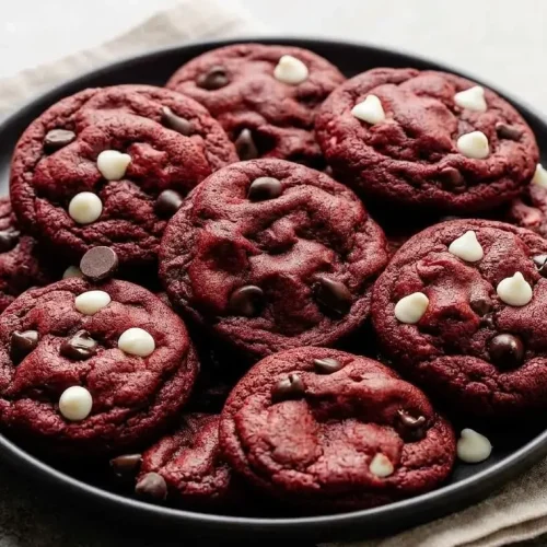 A stack of homemade Red Velvet Chocolate Chip Cookies showing their soft texture and studded with white chocolate chips.