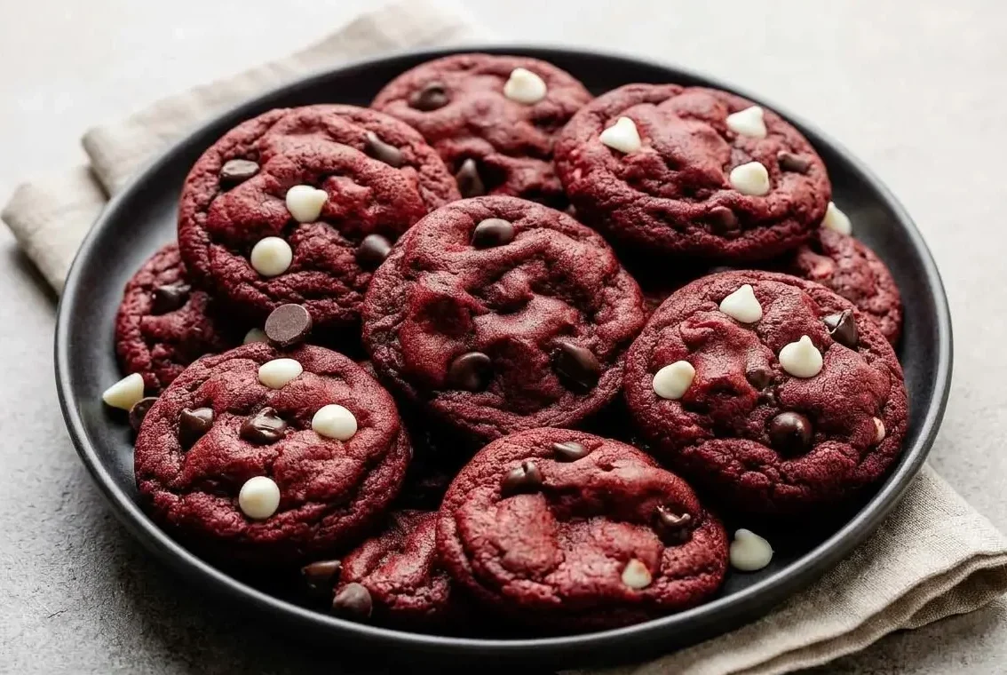 A stack of homemade Red Velvet Chocolate Chip Cookies showing their soft texture and studded with white chocolate chips.