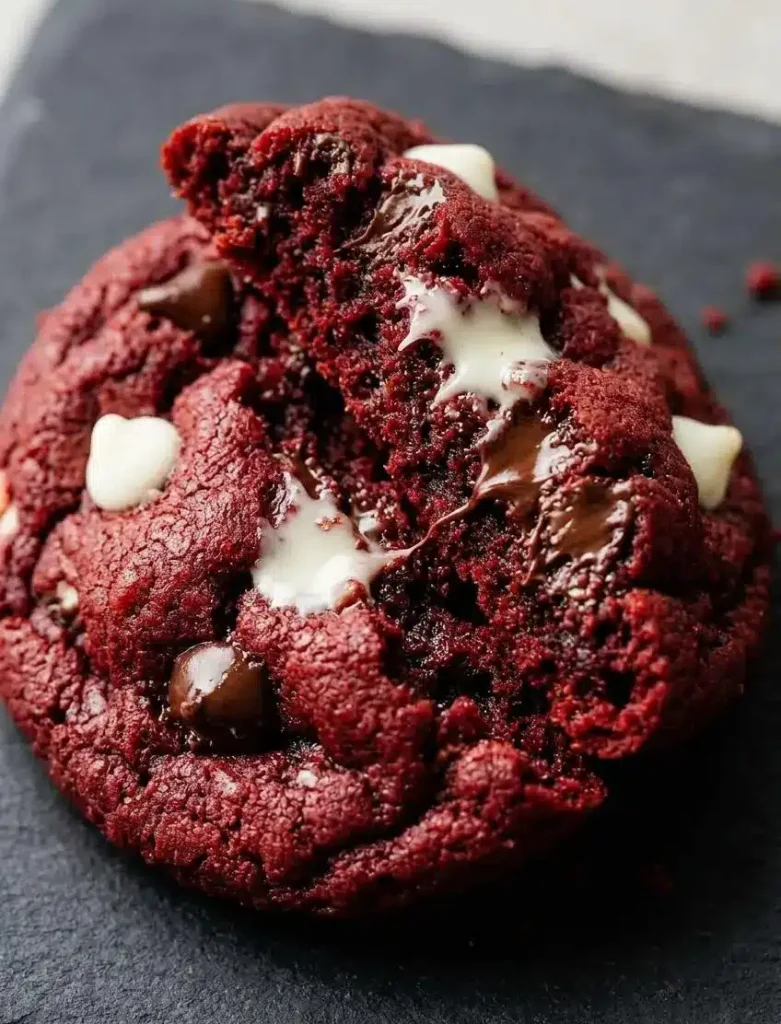 A red velvet cookie broken in half, revealing the soft, chewy interior crumb and melted white chocolate chips.