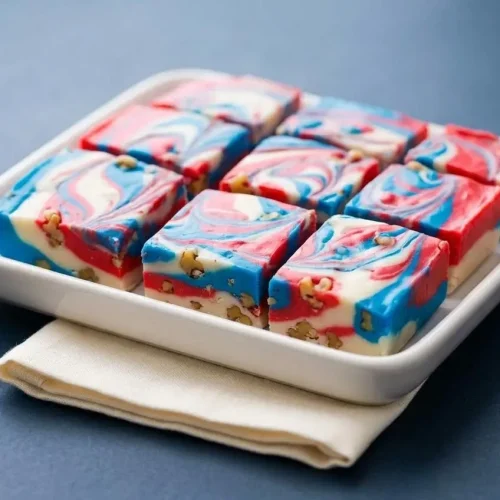 Stack of creamy Red White and Blue Fudge squares with red sprinkles on top, showing sharp clean layers.
