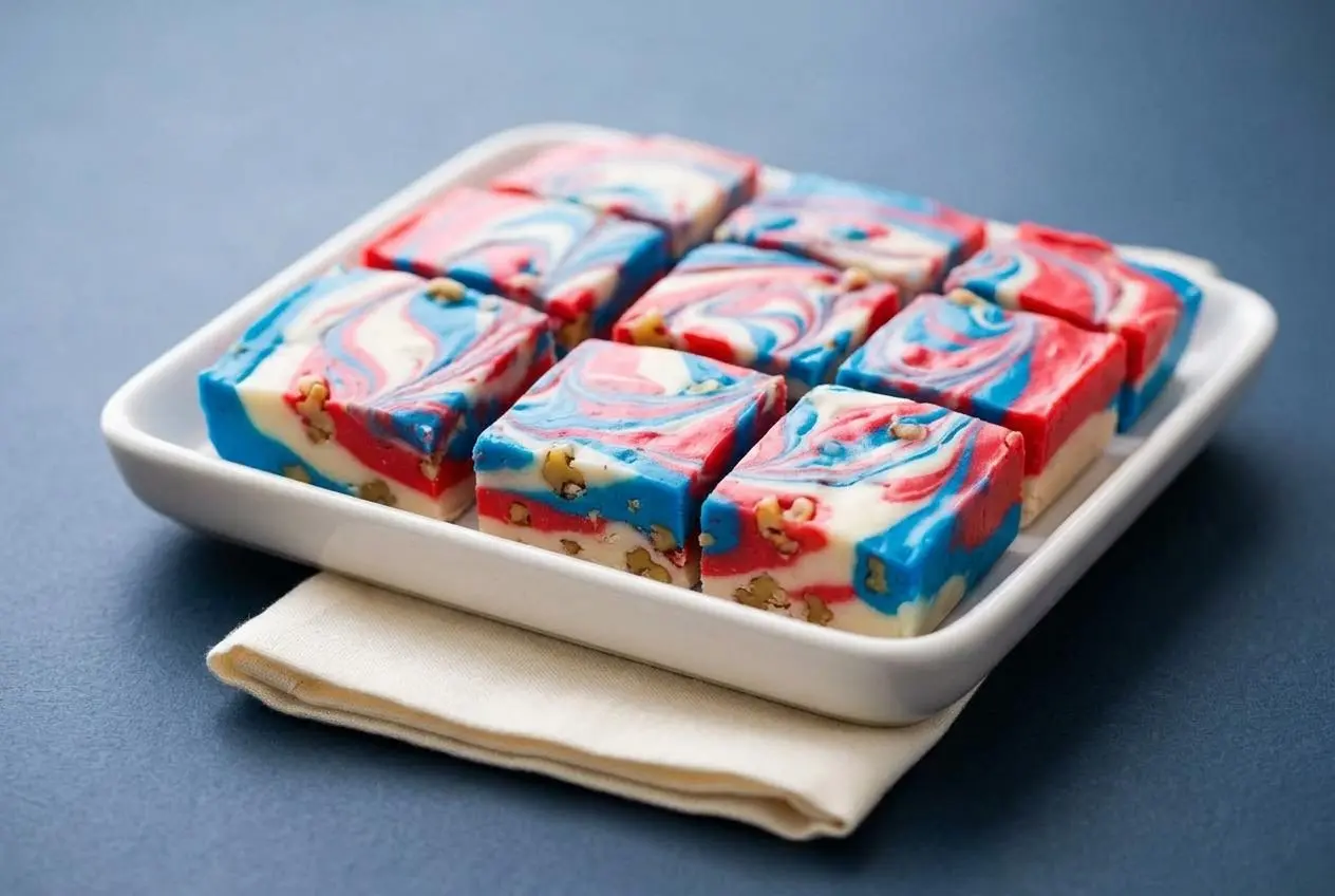Stack of creamy Red White and Blue Fudge squares with red sprinkles on top, showing sharp clean layers.