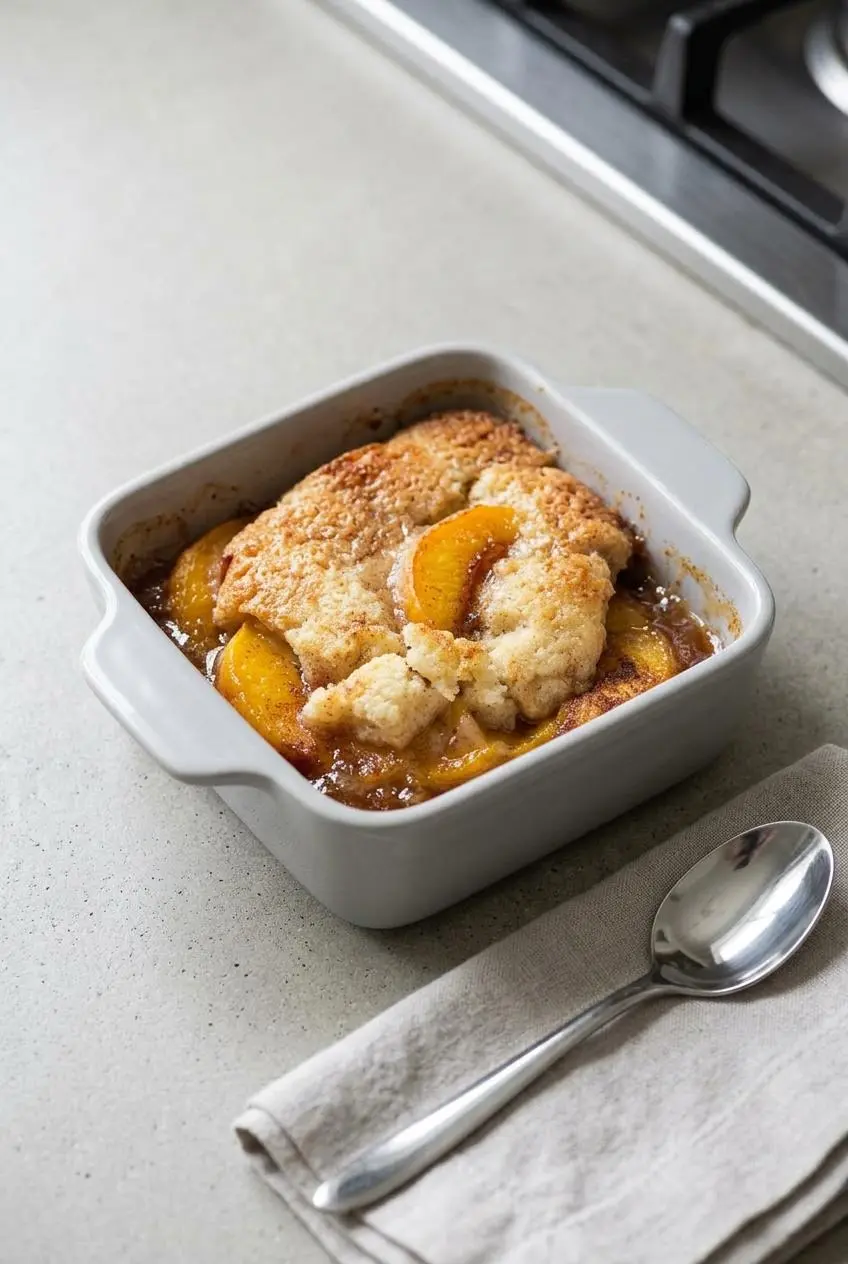 An individual portion of reheated peach cobbler in a small baking dish showing a beautifully crisped top.