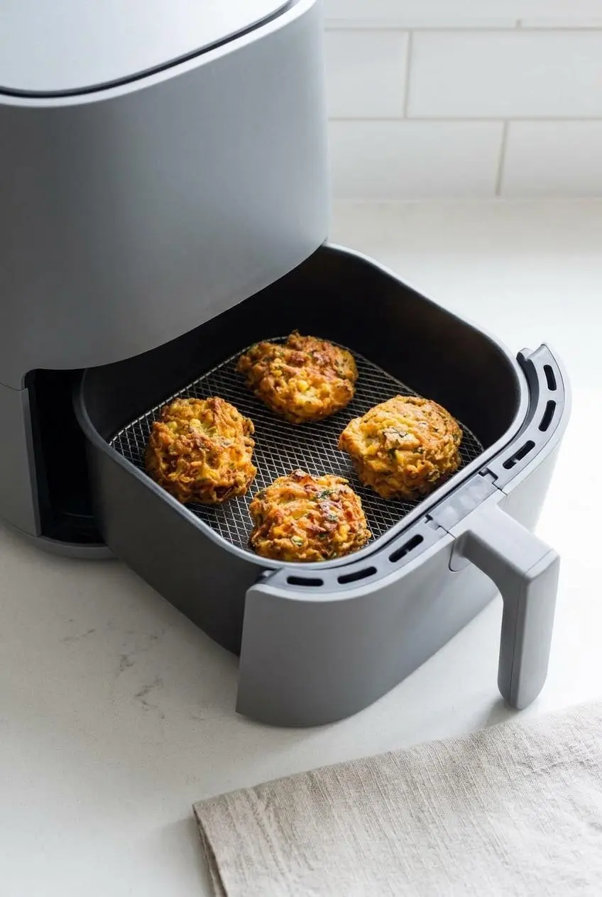 Four cooked corn fritters arranged in a single layer in an air fryer basket, viewed from above, showing how to reheat them.