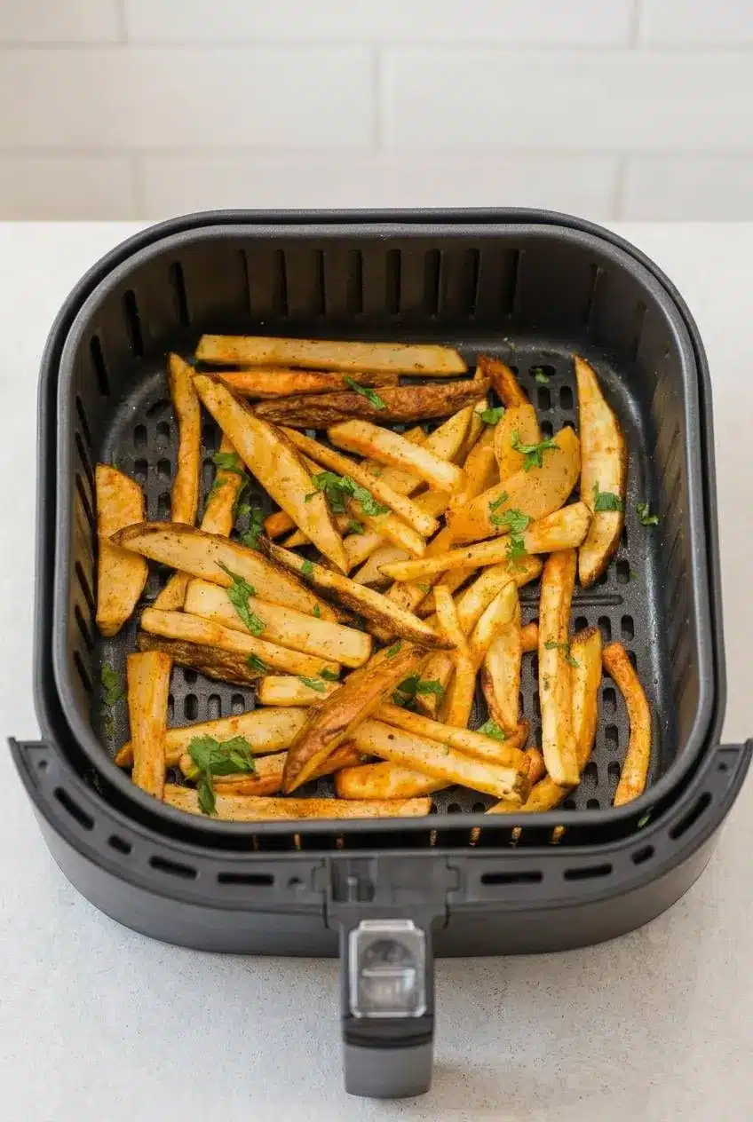 A top-down view of leftover french fries arranged in a single layer inside an air fryer basket, ready to be reheated.
