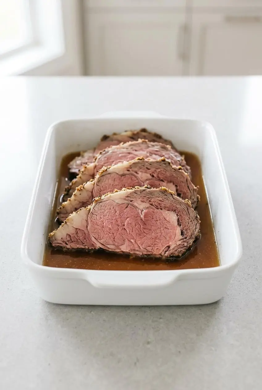Thick slices of leftover prime rib arranged in a white ceramic baking dish with a splash of beef broth, ready for gentle reheating.