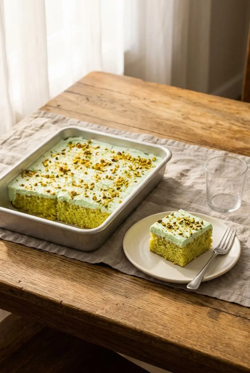 Pistachio pineapple sheet cake in a 9x13 baking dish with a single plated slice on a rustic wooden table.
